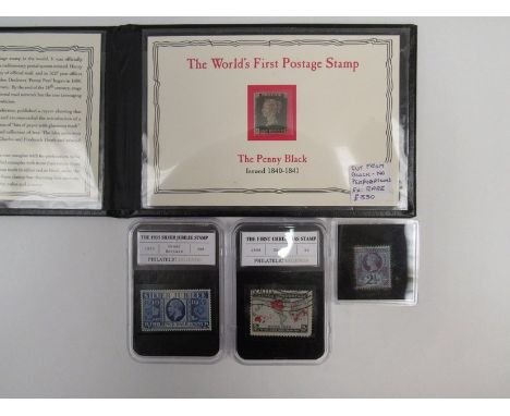 A Danbury Mint presentation wallet with "The Penny Black" the Worlds first postage stamp.  Plus a cased Victoria 2½d stamp, 1