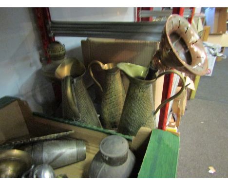 Vintage items including three snakeskin effect jugs, posser and lamp base