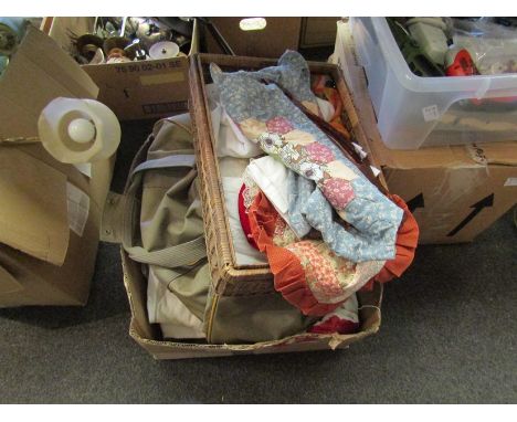 Assorted vintage fabrics and linen and a pair of poppy design curtains