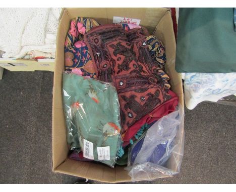 Various wool shawls and scarves, two separate curtains, one in green velvet