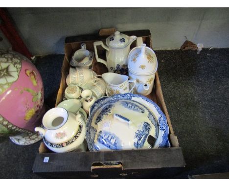 A box of crockery and ceramics including Wedgwood "Runnymede", Royal Albert and Spode "Austen", etc