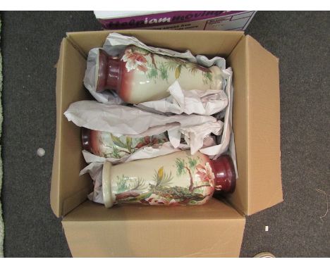 Two boxes containing miscellaneous items including enamel pans, scales, clown figures, decorative glass vases etc. 