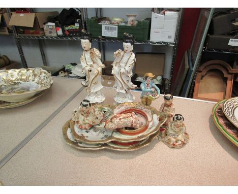 Various ceramic Oriental figures, dish and ceramic figure of flower seller