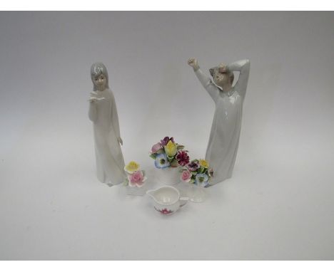 Two Lladro style figures, one being Nao, three Coalport and Radnor floral baskets and a Spode miniature jug (6)