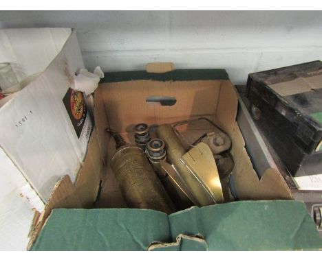 Vintage items including fire extinguisher, military bike lamp, opera glasses, etc