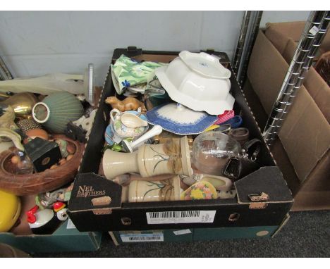 Two boxes of mixed ceramics including J+G Meakin poppy design dinnerware, studio pottery, clock etc.