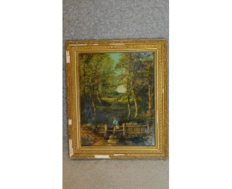 A 19th century gilt framed oil on board, figure at a gate in a woodland setting. 46x39cm 