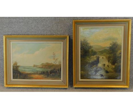 A pair of framed 19th century oils on canvas,  riverscape and seascape, both indistinctly signed. 64x53cm 