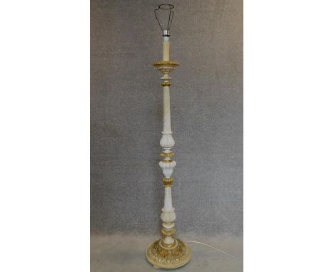 A white painted and gilt French style standard lamp. H.175cm 