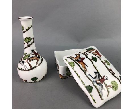 ROYAL CROWN DERBY HUNTING SCENE GINGER JAR AND COVER, 9cm high, along with other Royal Derby Hunting Scene ceramics including