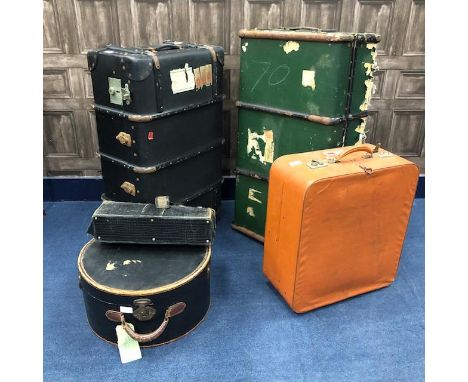 GROUP OF VARIOUS LUGGAGE, including leather bags, a travel trunk and hat box
