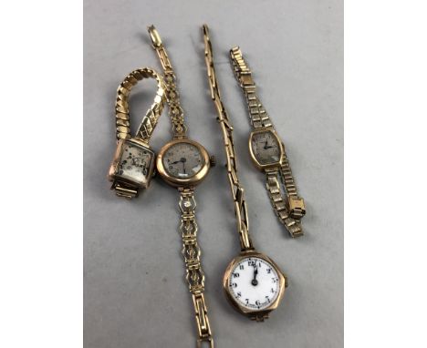 FOUR GOLD CASED WATCHES, all early 20th century, along with gold plated chains, stick pins and a canetille work butterfly bro