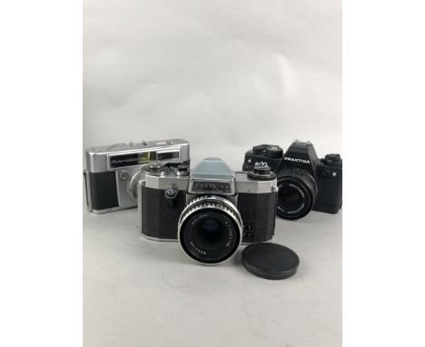 LOT OF CAMERAS, comprising five Praktica, Korvette, Zenit, Bootsamica, Vulcan, Automatica, along with a light meter