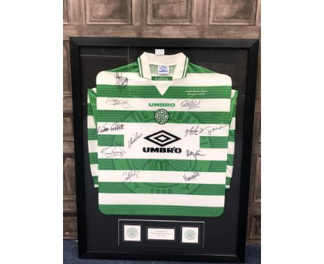 FRAMED CELTIC F. C. SHIRT, autographed by the team along with an autographed video and an autographed 1998 Celtic vs. Rangers