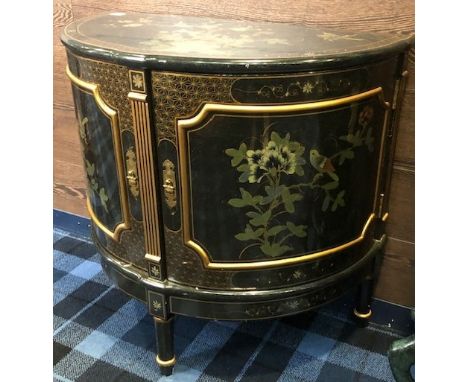 CHINESE BLACK LACQUERED DEMI-LUNE CONSOLE TABLE, with two cupboard doors, 76cm high