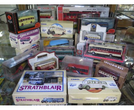 Twenty-two diecast model toy buses with five Corgi Classic commercials, all models with original boxes 