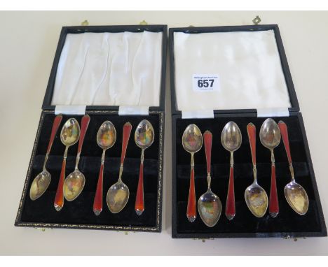 Two boxed sets of silver enamel tea spoons, approx 4 troy oz, good condition, some usage consistent with age 