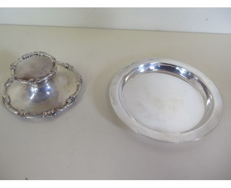 A silver card tray and a silver capstan inkwell stand, weight of tray approx 3.8 troy oz, slight bending to tray, weighted ba