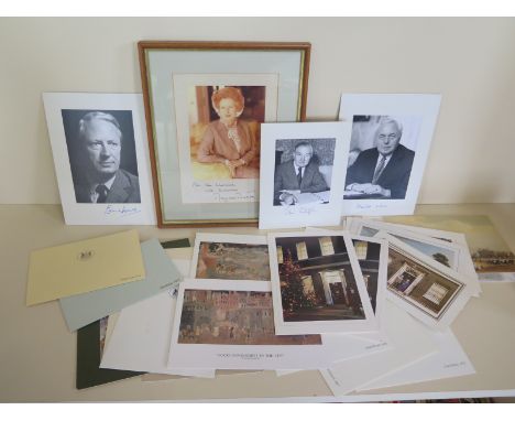 A signed photograph portrait of Margaret Thatcher, overall 32 x 25cm, together with a collection of facsimile signed Greeting