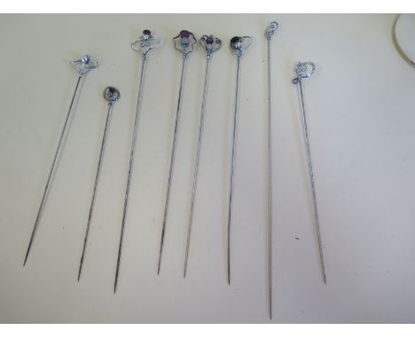 Eight silver and steel hat pins by Charles Horner, longest 27cm 