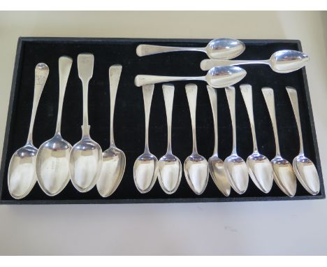 11 Georgian teaspoons engraved with a J or S together with four other spoons, see images for details approximately, 13.5toz 