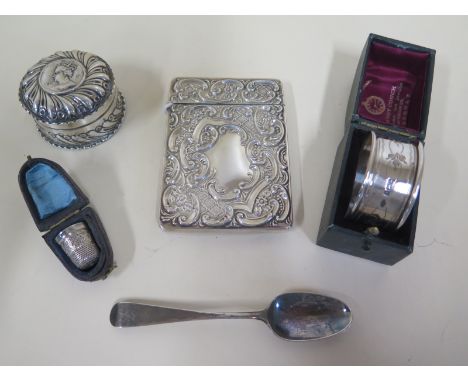 A silver card case, Chester 1902, together with a silver pot, napkin ring, thimble and Georgian silver teaspoons, approximate