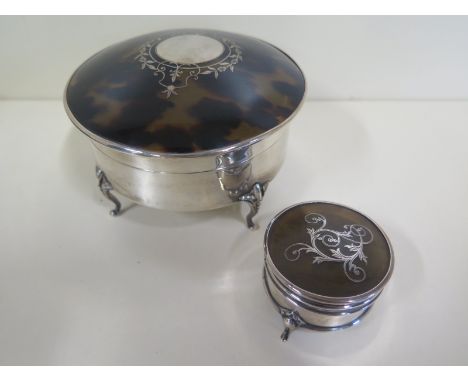 Two tortoise shell and silver trinket boxes, largest 11cm diameter, smallest 5cm diameter, approximately 7toz overall 