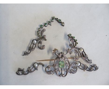 A 19th Century silver gilt brooch set with diamonds, pearls and emeralds - 6cm x 5.5cm - approx 24 grams, in three parts 