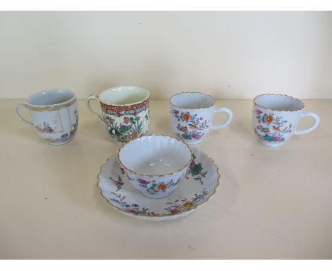 An 18th Century Chinese porcelain tea-bowl and saucer and three coffee cups, together with a French coffee cup, six pieces, m