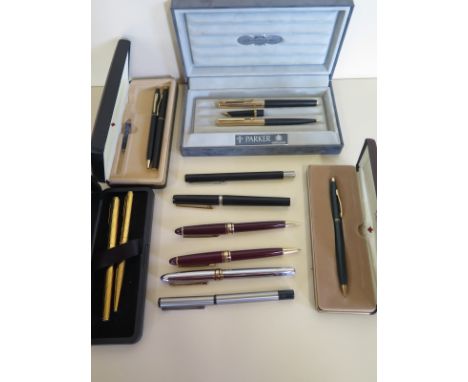 Seven fountain pens including three Parker, three Iridium Point and one by Cross, also four roller ball pens, two by Parker a