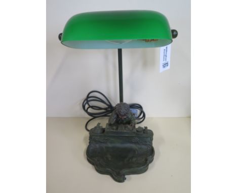 A brass desk lamp with green glass shade, working - 38cm tall 