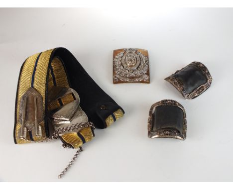 An officers' shoulder belt plate (85th Regiment of Foot), a gold and black belt decorated with white metal arrow decoration, 
