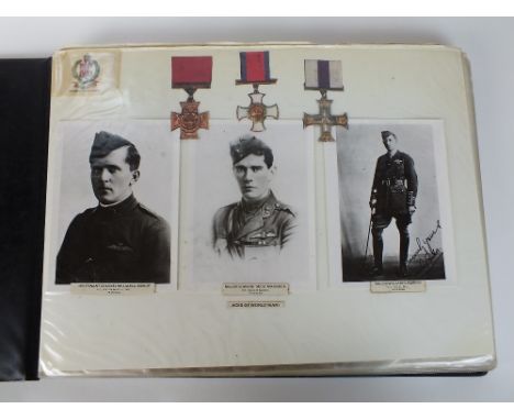 A compiled album of First World War and Second World War ephemera, containing titled photographs of assorted WW1 Flying Aces,