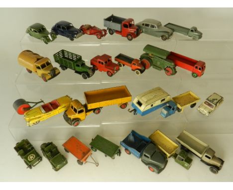 A group of twenty five unboxed Dinky Toys light commercial vehicles and cars, some overpainted, models include Riley, Morris,