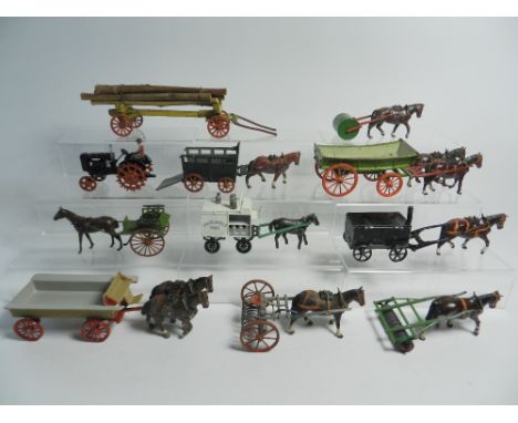 Eleven farm vehicles by Britains and other makers items include a log wagon, Fordson tractor, farm cars, roller, hay rake and