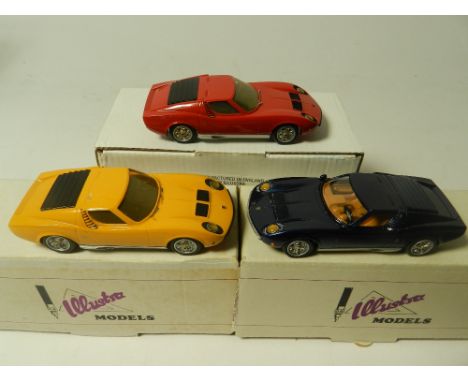 Three Lamborghini Muira models ready built in 1/43 scale by Illustra Models (No.1.C1) examples are in yellow, blue and red