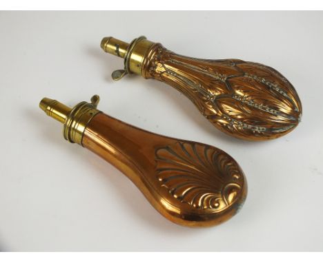 Two mid-19th century powder flasks by James Dixon and Sons, Sheffield, the first an 'Improved Patent' example, 21cm overall l