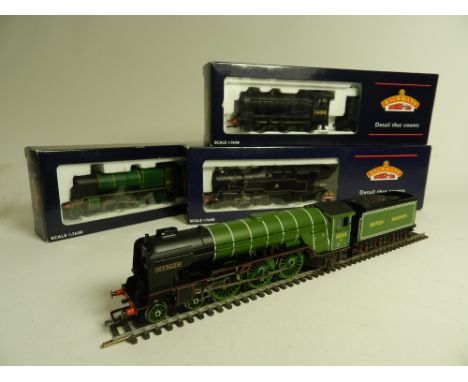 Four boxed Bachmann locomotive 32-355 Standard Class 4MT tank in BR livery 32-554 W.P. Allen in green 32-155 N Class 1864 in 