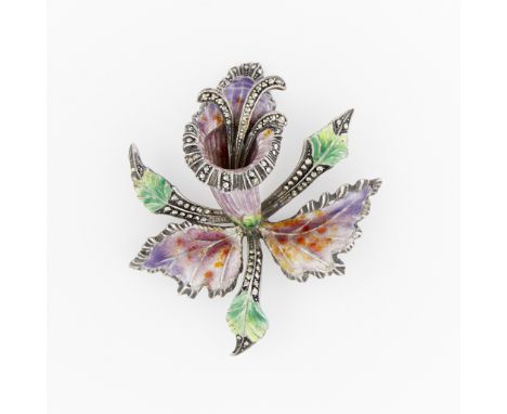 A silver enamel and marcasite brooch in the form of an orchid. With fine purple, orange and green enamel, the stamen renders 
