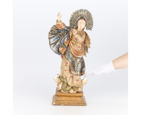 18th century South American Spanish Colonial period "Virgin of Quito," a carved and polychromed wooden figure of the Virgin M