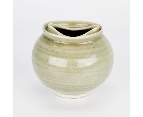 Warren MacKenzie (American, 1924-2018). Studio porcelain double-rim pinch pot, ca. 1960s-70s. With a grey-green glaze and ovo