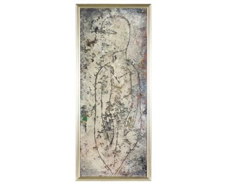 Jamali (Pakistani/American, b. 1944). Large mixed media fresco tempera on board portrait painting depicting a figure facing l