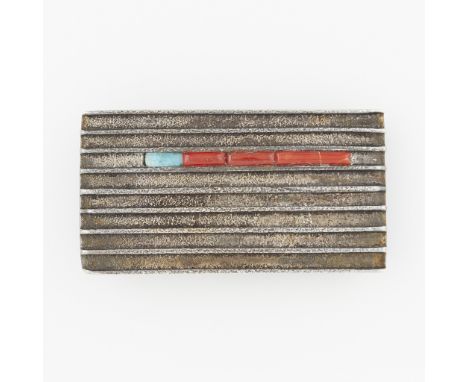 Rita B. Benally, (Navajo, 20th/21st century) sterling silver tufa cast belt buckle. Of rectangular form, the front with reede