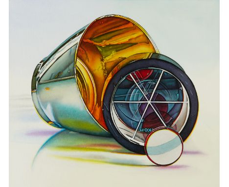 Jeanette Pasin Sloan (American, b. 1946). Gouache and watercolor on paper painting depicting a still life of highly reflectiv