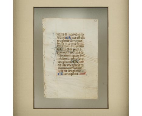 English illuminated manuscript page, ca. 1450. From a book of hours. Ink and gold leaf on vellum. With 14 lines of ruled text
