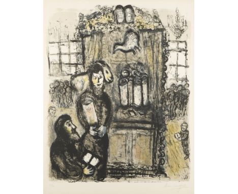 Marc Chagall (Russian/French, 1887-1985). Lithograph on paper titled "The Temple," depicting figures in a Jewish synagogue, 1