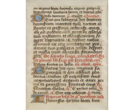 Illuminated manuscript page with two-line pen-flourish initials with gold leaf and blue and red geometric and swirl designs. 
