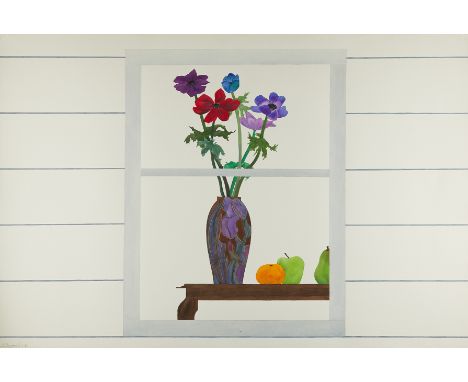 Ed Baynard (American, 1940-2016). Watercolor on paper painting titled "Outside In" depicting a still life of flowers in the d