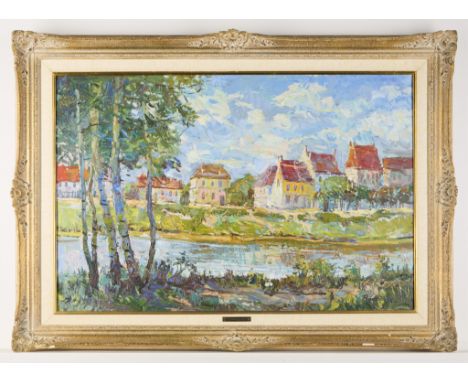Jerzy Pogorzelski (Polish, 1926-2003). Oil on canvas impressionist painting depicting a landscape. A row of houses with brigh