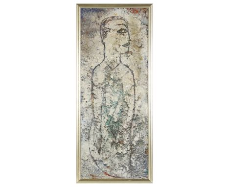 Jamali (Pakistani/American, b. 1944). Large mixed media fresco tempera on board portrait painting depicting a figure facing r